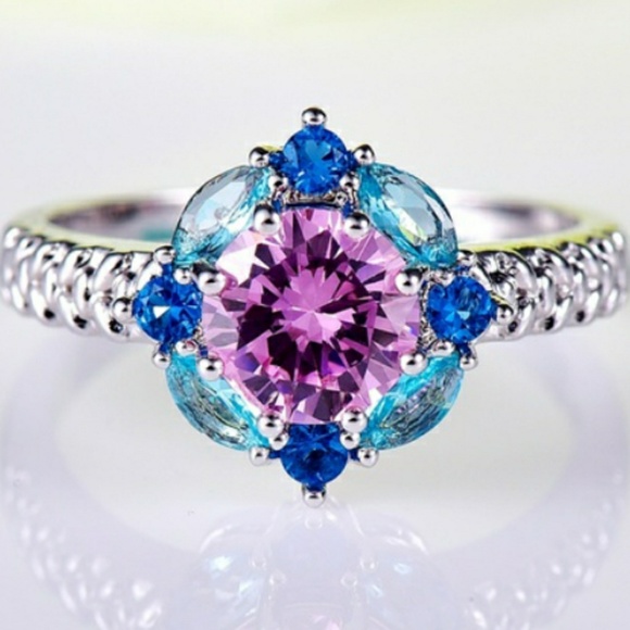 Pink & Blue Sapphires Floral Sterling Silver Ring - Picture 6 of 9